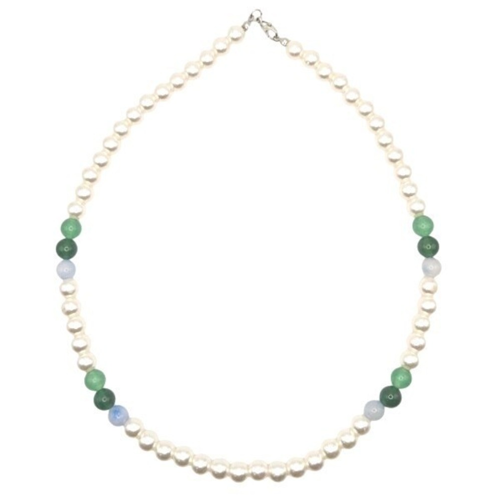 18" Faux Pearl Necklace with Aventurine & Blue Lace Agate Beads,‎ Classic Style